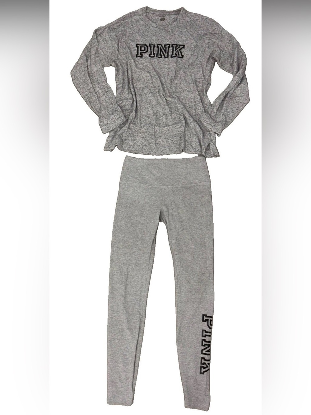 Pink Victoria's Secret 2pc Set L/S Spell Out Logo Tee (M) Leggings (S) Grey